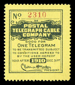 15T42, Postal Telegraph Co. 1910 Black on yellow laid paper, unused, bright color, well centered, small crease at top, otherwise very fine a most elusive telegraph
stamp.