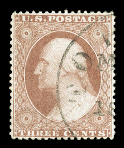 26, 3c Dull red, Ty. II, premium used single, excellent centering, bright color, light c.d.s. cancel, extremely fine 2009 PSE certificate (XF-Superb 95 SMQ $245.00) one of two
used examples to receive this grade, with just one grading higher.