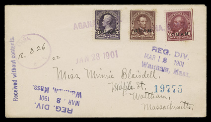 1-7, 1c-10c 1899 Overprints, a most attractive group of four covers franked with various first issues, one with seven different values up to the 10c on February 6, 1901 cover
from Agana to Oldenburg, an August 23, 1900 registered usage from Agan