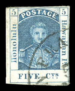 5, 5c Blue, an attractive and completely sound used example of this scarce stamp, being a left sheet-margin single, margins all around ranging from ample to large, incredibly
fresh, with rich luxuriant color and a deeply etched impression on imm