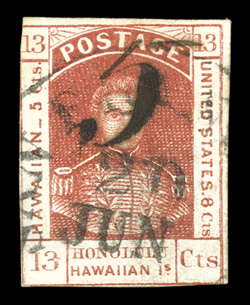 7, 5c on 13c Dark red, manuscript 5 provisional issue, an essentially sound used example of this rare provisional, exceedingly fresh, with deep vibrant color on bright paper,
two large margins, just touching at bottom and left, trivial paper w