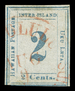 13, 2c Light blue on bluish white, Plate 3-A, Type IV, Position 4, used, three full margins, just touching the frame line at bottom, bright red Honolulu c.d.s., small thin and
a trivial internal crease, fine appearance a rare Numeral.