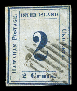17, 2c Dark blue on bluish, Plate 5-B, Type IV, Position 4, with broken toe in 2, used, mostly ample to full margins except just into the frame line at bottom right, strong
color and impression, light grid cancel, minor crease and a couple lig
