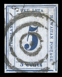 22, 5c Blue on bluish, Plate 12-A, Type VI, Position 2, a most impressive used example, with large even margins all around, quite fresh, neat target cancel and a bit of a San
Francisco transit pmk., extremely fine and uncommonly choice 1996 PF