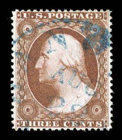 26A, 3c Dull red, Ty. IV, the single offered here is probably the finest used example of this stamp in existence, as it possesses numerous physical characteristics that cannot
be improved upon, including perfect centering amid uncommonly wid