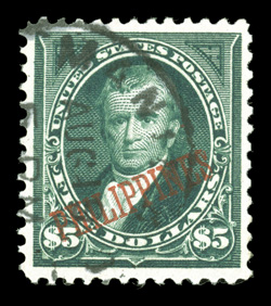 225, $5.00 Dark green, used, excellent centering within large margins, deeply rich color and a sharp impression, light c.d.s. cancel, extremely fine only a small number of the
782 issued were ever used, and only a minute number exist in this se
