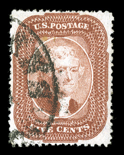 27, 5c Brick red, Ty. I, outstanding centering, with its perforations clear of the design projections all around, unusually bright luxurious color of this scarce brick red
shade, and prooflike impression as well on especially bright clean paper,