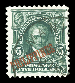 239, $5.00 Dark green, an incredibly rare used example of this high value, well centered within large margins, deep color and impression, light c.d.s. cancel, the certificate
notes a small internal cancel penetration which is truly insignificant