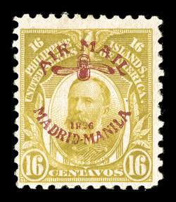 C8, 16c Olive bister, with red Madrid-Manila air post ovpt., bright fresh color, usual centering, part o.g., fine a rare airmail stamp, with only 100 printed several experts
handstamps on reverse.