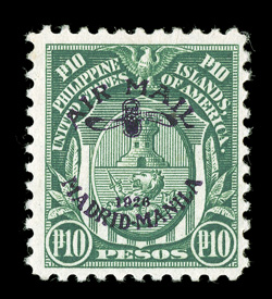 C15, 10p Deep green, with Madrid-Manila air post ovpt., unusually bright and fresh, o.g., lightly hinged, nearly very fine for this scarce airmail 2007 PF
certificate.