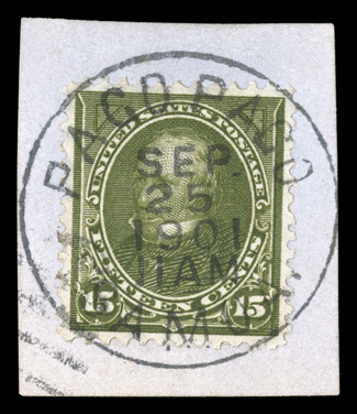 United States Bureau issue stamps used in Samoa, eight different values between 1c and 15c (no 5c) tied to separate pieces by socked on the nose Pago Pago SamoaSep. 25, 1901
c.d.s., bright and fresh, fine-very fine.