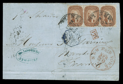 27, 5c Brick red, Ty. I, horizontal strip of three with bright color, nicely centered with bottom perfs scissors separated leaving them intact, tied by New Orleans La.Apr. 23,
1859 c.d.s. pmks. on folded cover to Nantes, France, red New York