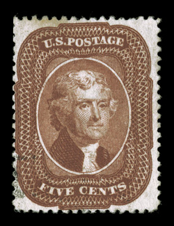 28, 5c Red brown, Ty. I, used, brilliantly rich color and a deeply etched impression, unusually light face-free cancel, very fine 1991 PF certificate.