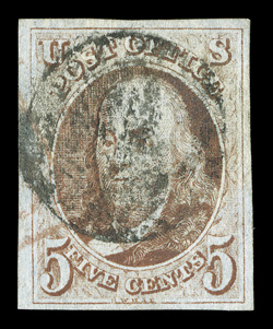 1, 5c Red brown, used, large to very large margins all around, fresh color and clear impression on crisp paper, black grid cancel and a bit of a red cancel as well, extremely
fine.