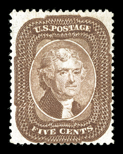 29, 5c Brown, Ty. I, rarely offered mint single, deeply rich color and a well defined impression, well centered for this, full original gum, lightly hinged, small diagonal
crease at top, very fine appearance 2006 PF certificate.