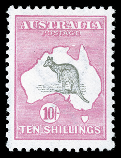 13, 1913 10- Pink and gray, gem mint single that is perfectly centered within lavish margins, lovely bright color, o.g., lightly hinged, extremely fine (S.G. 14
£650).