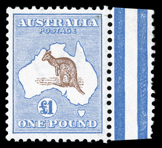 14, 1913 £1 Ultramarine and brown, handsome right margin interpanneau single, exceedingly well centered, marvelously bright and fresh, o.g., lightly hinged, very fine and
choice (S.G. 15 £1,900).