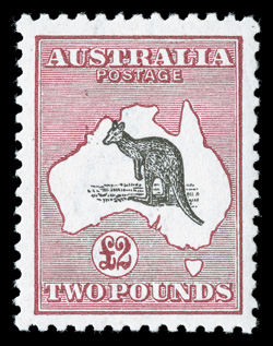 58, 1919 £2 Deep rose and black, exceptionally well centered and margined, strong fresh colors, o.g., lightly hinged, very fine a highly desirable mint example of this scarce
high value 2002 Brandon certificate (S.G. 45 £3,500).