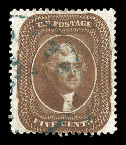 30, 5c Orange brown, Ty. II, well centered for this very difficult used stamp which saw limited use, strong rich color and a crisp detailed impression, light blue town cancel,
very fine signed Stanley Ashbrook and accompanied by 1981 and 20