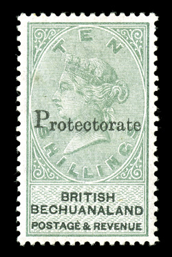 58, 1888 10- Green, Protectorate ovpt., an extraordinarily handsome mint example of this high value rarity, possessing outstanding centering which is rarely encountered on
this series, strong rich color, full fresh o.g., very fine and choice