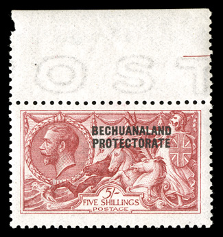 93a, 1919 5- Carmine, De La Rue printing, top sheet-margin single, rich bright color, o.g., never hinged, very fine (S.G. 87 for hinged £300).
