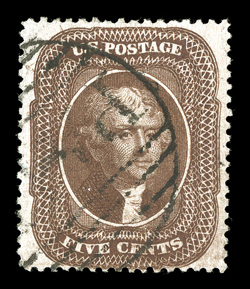 30A, 5c Brown, Ty. II, used single that is well centered within wide margins for this difficult value, rich deep color, neat large Boston Paid cancel, very
fine.