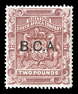 15, 1891 £2 Rose red, with B.C.A. overprint, rich color, attractively centered, o.g., h.r., very fine (S.G. 15 £1,000).