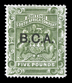 16, 1891 £5 Yellow green, with B.C.A. ovpt., well centered, strong rich color on fresh paper, o.g., h.r., a very fine example of this scarce high value 1987 RPS certificate
(S.G. 16 £1,700).