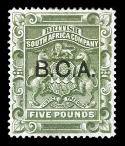 16, 1891 £5 Yellow green, with B.C.A. ovpt., with papermakers watermark, unusually well centered, rich color, regummed, very fine 2009 BPA certificate (S.G. 16
£1,700).