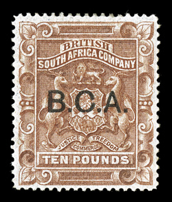 17, 1891 £10 Red Brown, with B.C.A. ovpt., another attractive mint example of this rare stamp, uncharacteristically well centered, rich fresh color, slightly disturbed o.g.,
very fine 2009 BPA certificate ex-Dale-Lichtenstein (S.G. 17