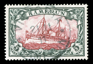 19, 1900 5M Slate and carmine, perfectly centered within equal margins, neat Victoria, Kamerun21 1111 datestamp, extremely fine signed Richter.