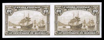 96a-103a, 1908 ½c-20c Quebec Tercentenary, imperforate cplt. in horizontal pairs, all with large margins, fresh colors, o.g., h.r.s, some small thin spots, very fine
appearnace (Unitrade C$8,000.00).