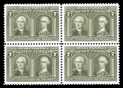 100, 1908 7c Quebec Tercentenary, choice mint block of four, extraordinarily well centered within large margins, brilliantly rich color, o.g., top stamps lightly hinged,
bottom stamps never hinged, extremely fine (Unitrade C$2,000.00+).