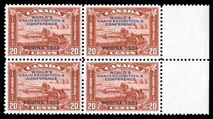 Unitrade 203i, 20c Grain Exhibition, broken X variety, being the top left stamp in a right margin block of four, exceedingly well centered, brilliantly fresh, o.g., n.h.,
extremely fine.