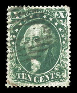 32, 10c Green, Ty. II, premium used example, with intense prooflike color and impression, excellent centering as well, light grid cancel and a small bit of a red transit pmk.
at bottom left, extremely fine 1995 PF certificate and a 2007 PSE cer