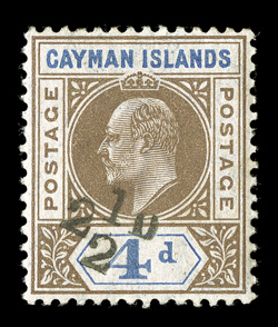 20, 1908 2½p Surcharge on 4p Brown and blue, a choice example of this key rarity of the colony, outstanding centering, strong rich colors, o.g., lightly hinged, very fine 2004
Sismondo certificate (S.G. 35 £1,700).