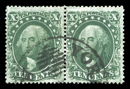 32, 10c Green, Ty. II, horizontal pair with New York Ocean Mail cancel, rich color, very fine 2006 PF certificate.