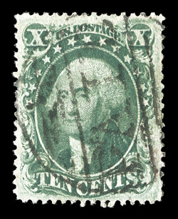 33, 10c Green, Ty. III, very well centered within exceedingly large exceedingly large margins, bright color, light Paid in grid cancel, extremely fine and choice 1991 PF
certificate ex-Mann.