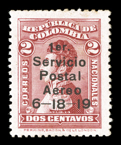 C1, 1919 10c Rose air post, unused, well centered, strong color, a couple faint toned spots visible mostly on reverse, otherwise sound (the Scott catalog value is for a faulty
stamp), very fine appearance only 200 were issued and 160 of those