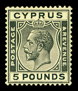109, 1928 £5 Black on yellow, an exceptionally fresh and choice mint example of this scarce and key high value, strong color and impression on bright paper, o.g., lightly
hinged, very fine (S.G. 117a £3,000).