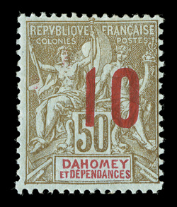 40, 1912 10 Surcharge on 50c Brown, name in red, exceptionally fresh, with bright colors, o.g., h.r., a fine example of this scarce key stamp of the country signed Marquelet,
Miro (Yvert 41 Ç1,150).