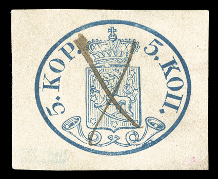 3, 1858 5k Blue, large pearls, choice appearing used single, with huge margins all around, ms. X cancel, small thinned spot, extremely fine appearance signed Finnia-Post
(slightly showing through).