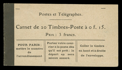 Yvert 130-C 1, 1916 15c Slate green, greyish paper, booklet pane of ten, complete booklet of two panes, with no text on the inside covers, particularly fresh, crisp and
intact, o.g., n.h., first pane with three small nicks in the left selvage, o