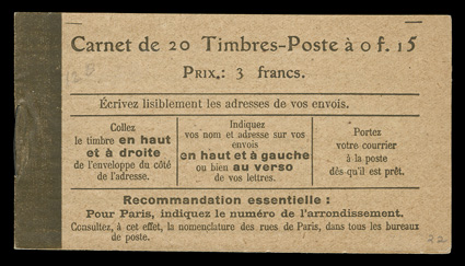 Yvert 130-C 5, 1916 15c Slate green on greyish paper, booklet pane of ten, complete booklet of two panes, with 12 August 1919 revised postal rates on page two, incredibly
fresh, o.g., n.h., very fine (Scott 139b $900.00 as two hinged panes).