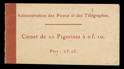 Yvert 135-C 1, 1906 10c Red, Ty. I, booklet pane of ten, complete 2Fr.05c booklet of two panes, post office fresh, o.g., n.h., very fine (Scott 162d $250.00 as two hinged
panes).