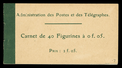 Yvert 137-C 1, 1907 5c Green, Ty. I, booklet pane of ten, complete 2Fr.05c booklet of four panes, well centered, post office fresh and intact, o.g., n.h., very
fine.
