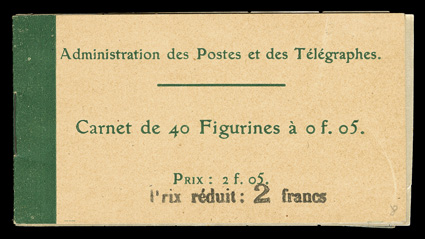 Yvert 137-C 2, 1907 5c Green, Ty. I, booklet pane of ten, complete Prix reduit: 2 francs surcharge booklet of four panes, wonderfully fresh, crisp and intact, o.g., n.h., very
fine.
