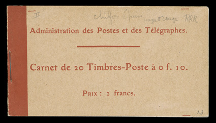 Yvert 138-C 1, 1910 10c Red, Ty. IC, booklet pane of ten, complete booklet of two panes, fresh and intact, pristine o.g., n.h., very fine (Scott 162d $250.00 for two hinged
panes).
