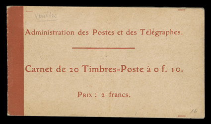 Yvert 138-C 1, 1910 10c Red, Ty. IC, booklet pane of ten, complete booklet of two panes, each with the left pair showing blurred figures of value, fresh and intact, pristine
o.g., n.h., very fine (Scott 162d $250.00 for two normal hinged panes