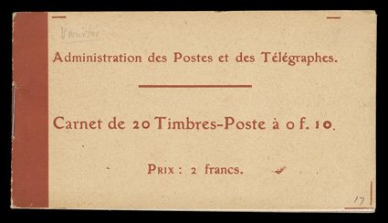 Yvert 138-C 1, 1910 10c Red, Ty. IC, booklet pane of ten, complete booklet of two panes, each with the left pair showing thinner figures of value, fresh and intact, pristine
o.g., n.h., very fine (Scott 162d $250.00 for two normal hinged panes